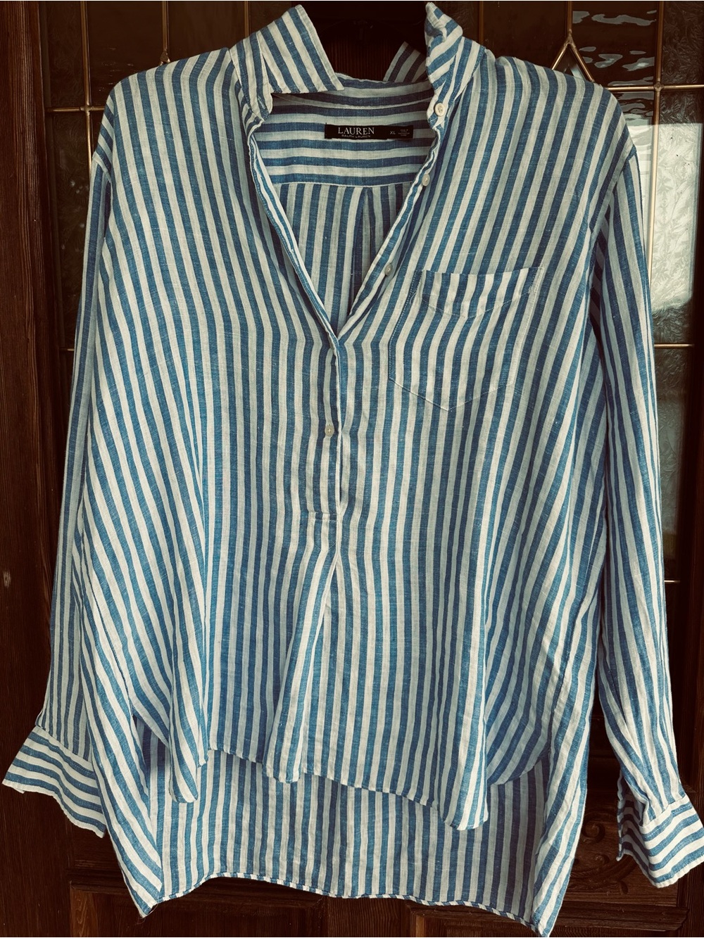 Lauren Ralph Lauren Bright Blue and White Striped Linen Tunic, XL EUC